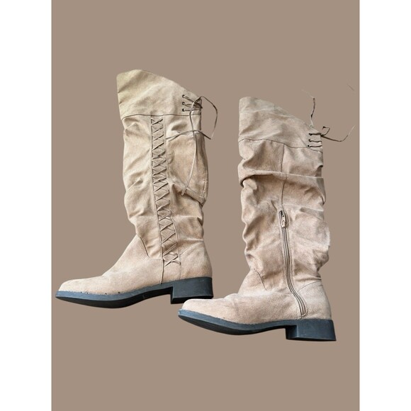 Womens Over The Knee Boots 8.5 Tan Suede Lace Back Flat Riding Slouchy Tall Boot - Picture 2 of 14